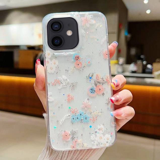 iPhone 11 beschermhoes - Bloemen en glinsterende sterren