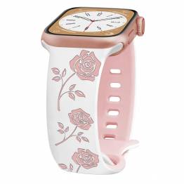  Silicone band voor Apple Watch 42/44/45/49mm met ingekraste rozen - Wit/Roze