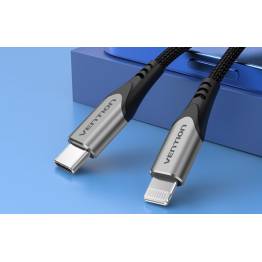  Vention geweven MFi USB-C naar Lightning kabel - 2m - Zwart/Grijs