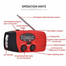  Noodradio met handzwengel, zonnepaneel, zaklamp, alarm en mini powerbank - Rood