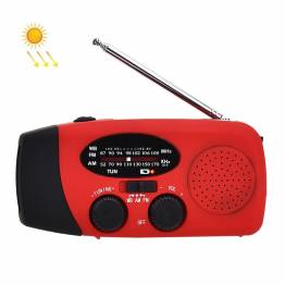 Noodradio met handzwengel, zonnepaneel, zaklamp, alarm en mini powerbank - Rood