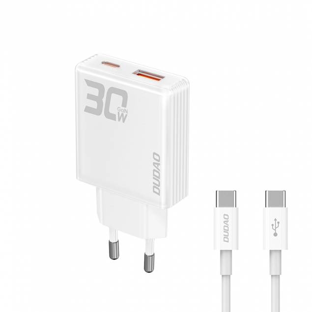 Dudao GaN 30W PD oplader USB-C / USB-A incl 1m USB-C kabel - Wit