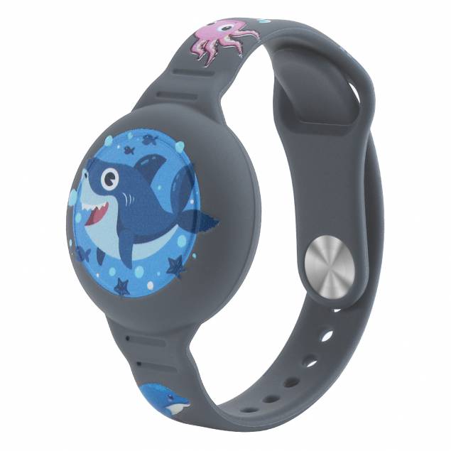 AirTag armband voor kinderen in silicone met blije haai - Blauwgrijs