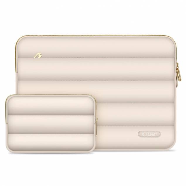 Puffy MacBook 13-14" sleeve met accessoirevak en kleine accessoiretas - Beige