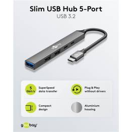  Goobay slank 5-i-1 USB-C 3.2 hub voor 2x USB-C en 3x USB-A - 5 Gbit/s