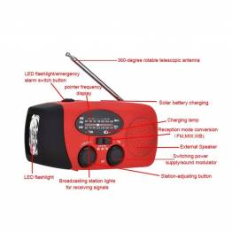  Noodradio met handzwengel, zonnepaneel, zaklamp, alarm en mini powerbank - Rood