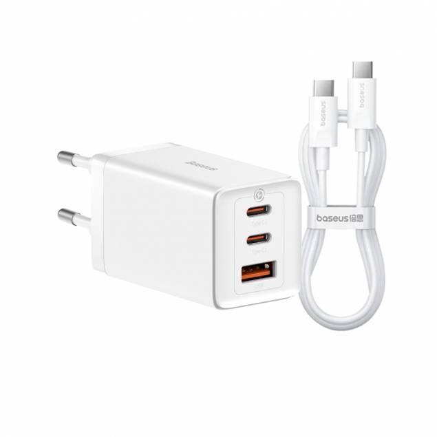 Baseus GaN5 Pro 3-poorts 2x USB-C en 1x USB inclusief 1m USB-C kabel - 65W PD Mac oplader - Wit