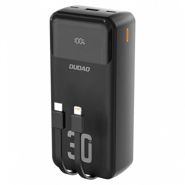 Dudao K15Max powerbank 30.000mAh met USB-C en Lightning kabel - 22,5W PD+QC - Zwart Dudao K15Max powerbank 30.000mAh met USB-C en Lightning kabel - 22,5W PD+QC - Zwart