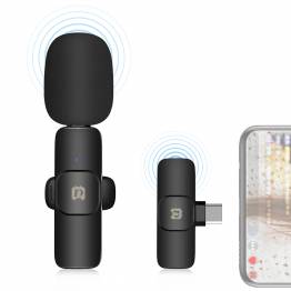 Draadloze Clip-on microfoon met USB-C en USB-C poort voor het opladen van mobiel