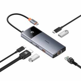  Baseus USB-C 6-in-1 hub: 2xUSB, 2xUSB-C 100W PD, HDMI en RJ45 en On/Off-knop voor scherm