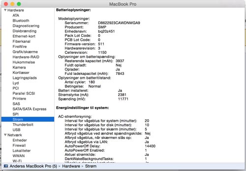 Batterijgegevens in Mac-systeemrapport